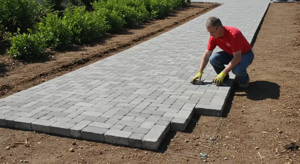 Worker installing gray concrete pavers on a pathway