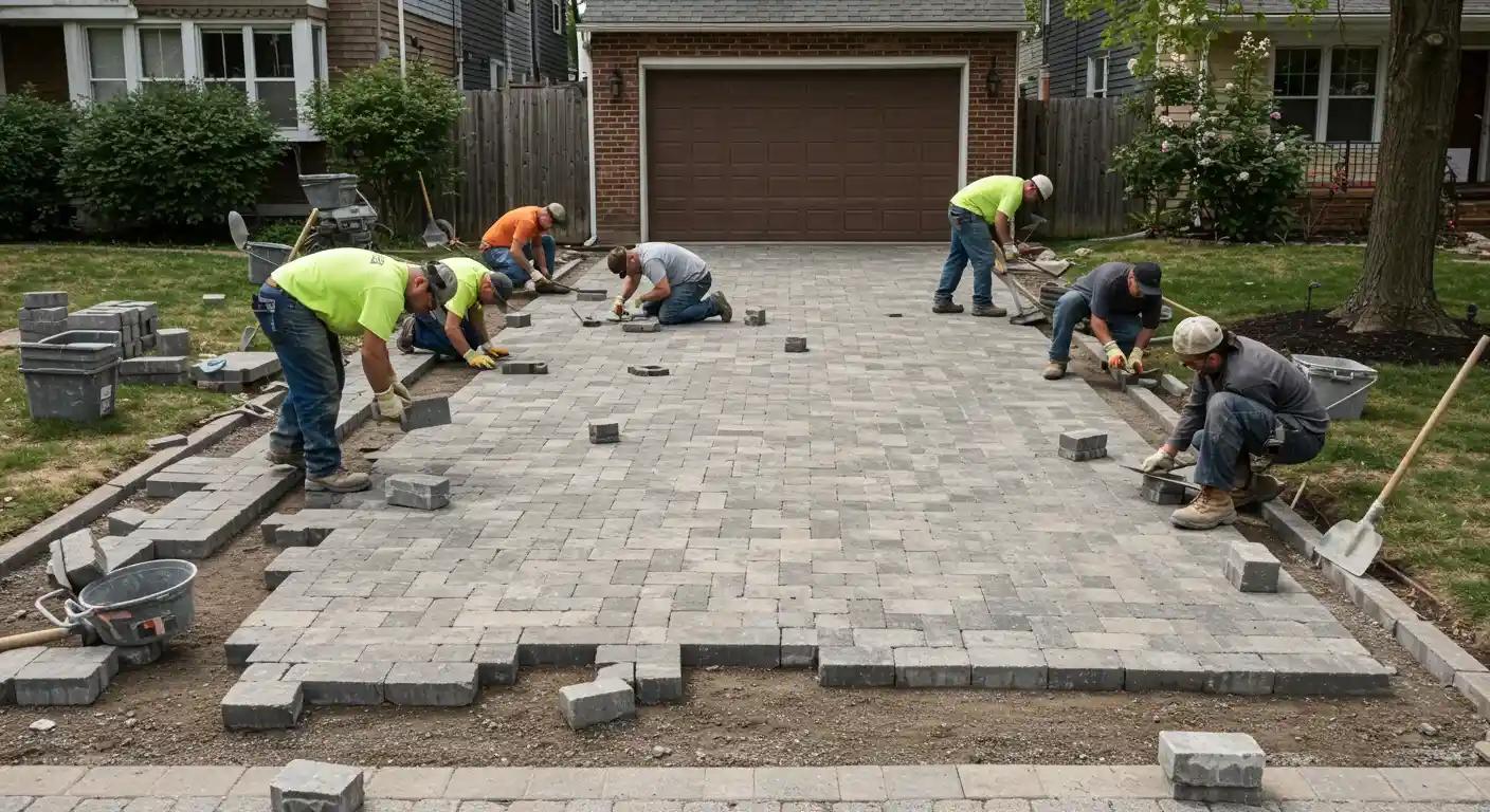 Paver contractors Midwood Brooklyn installing a clean driveway paver project with proper edges and base preparation