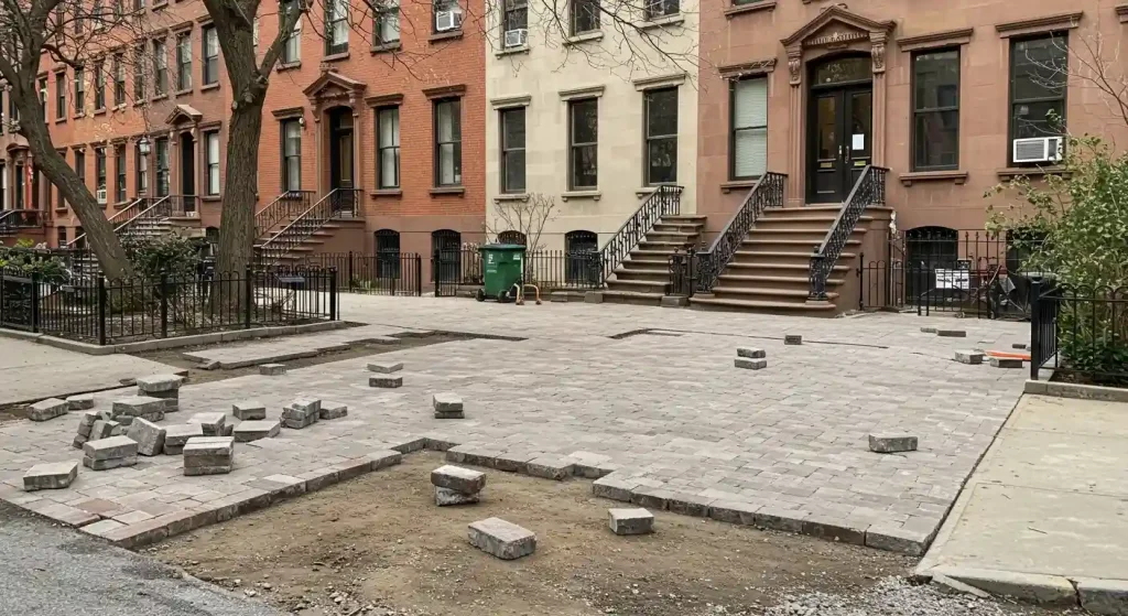 Brick-style pavers being installed in front of classic NYC brownstone homes, matching the historic architecture and warm tones