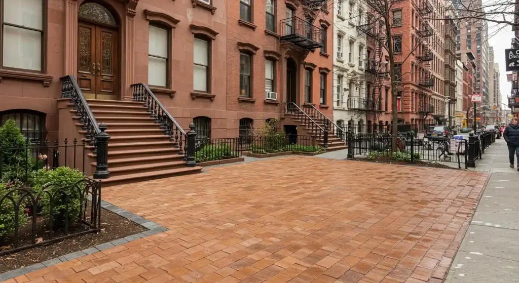 Brick paver driveway in front of classic New York brownstone buildings showing proper installation and edging