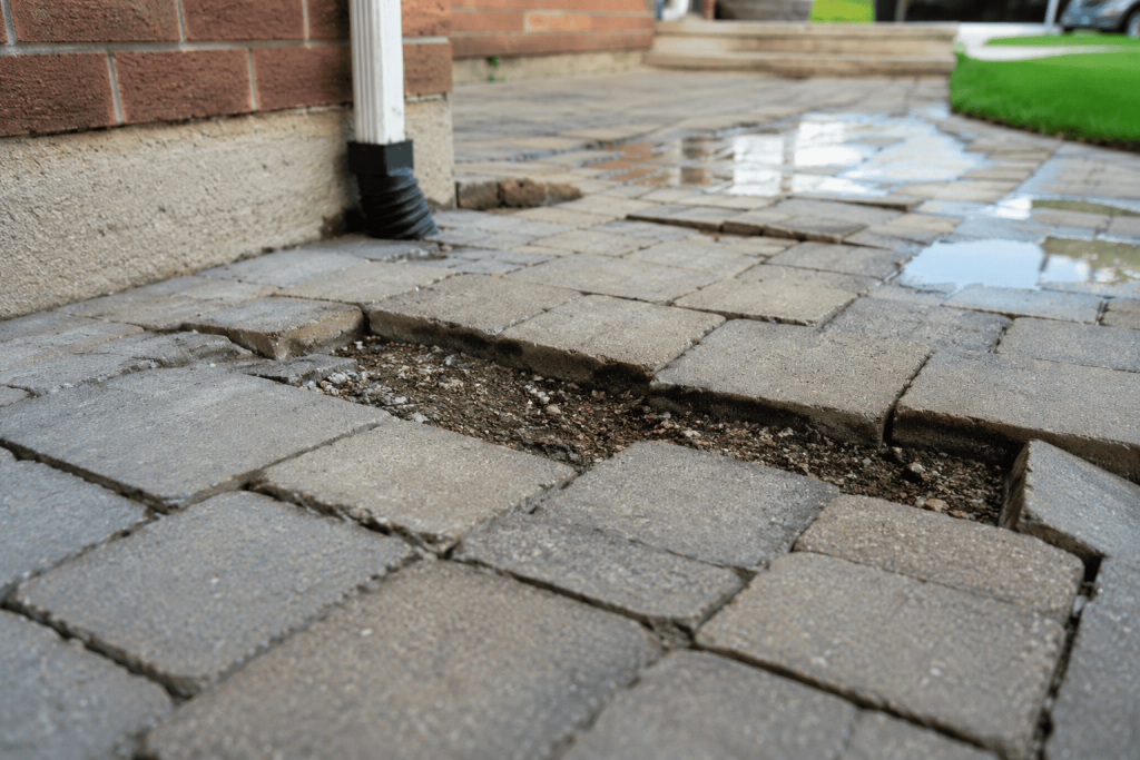Damaged paver walkway with sinking sections, gaps, and pooling water near a home, showing the kind of failure often caused by cheap paving and poor drainage