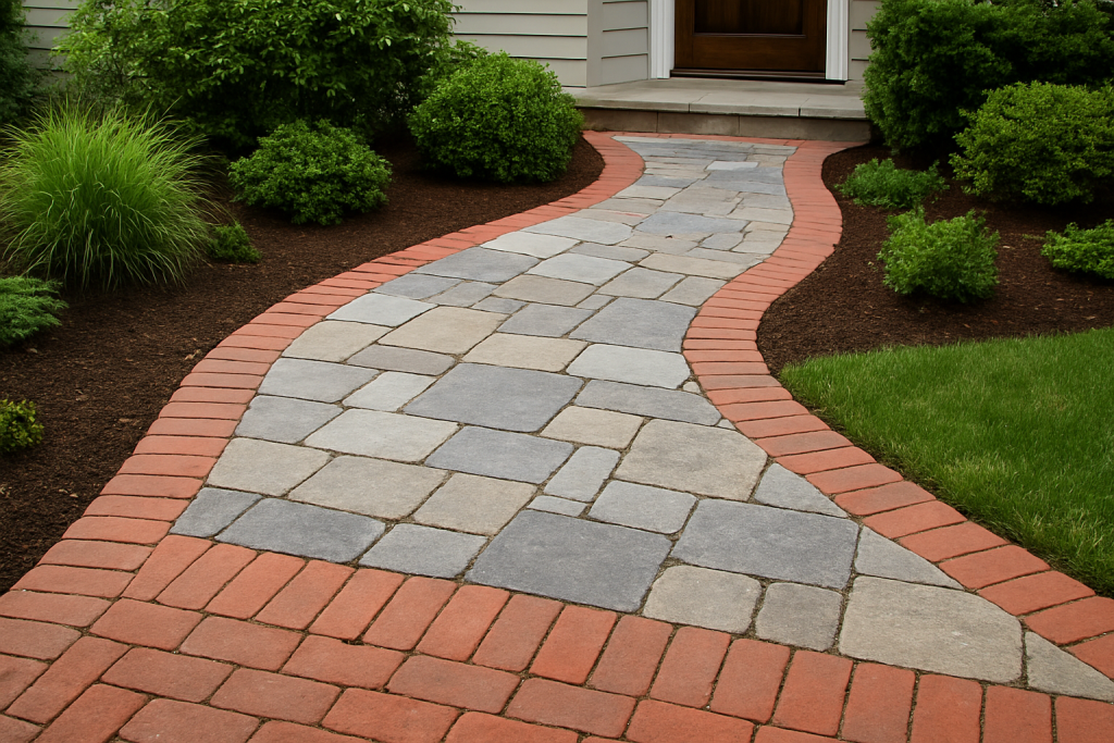 mixed paver walkway with brick and stone design
