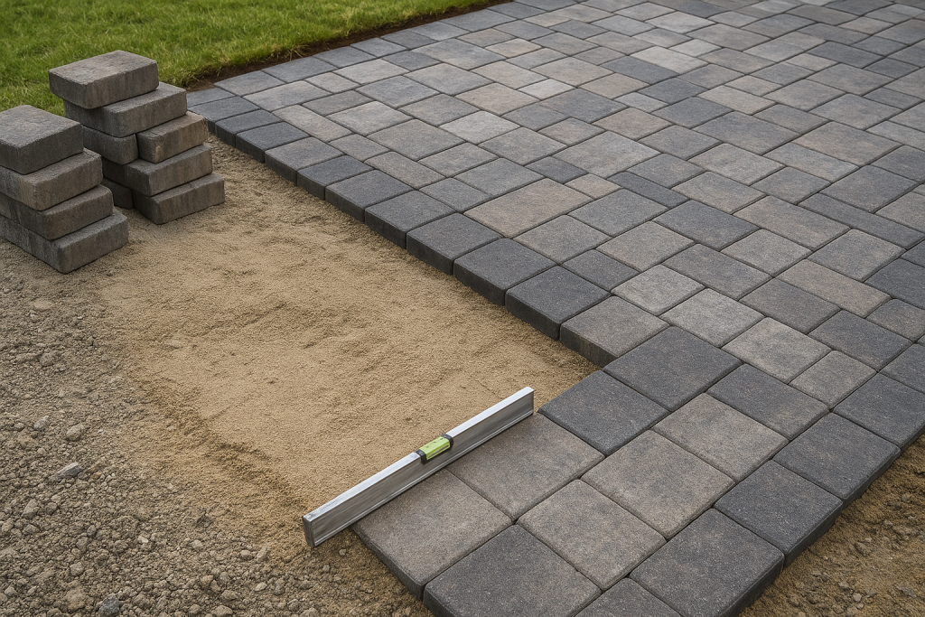 a worker installing patio pavers in backyard