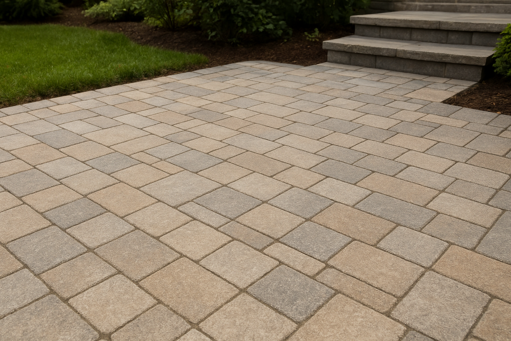 Clean and well-maintained paver patio in a backyard