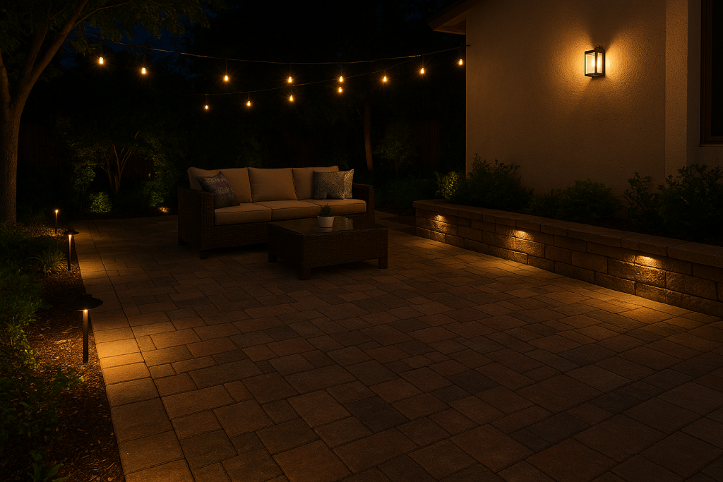 Elegant outdoor patio with paver lighting creating a warm evening ambiance