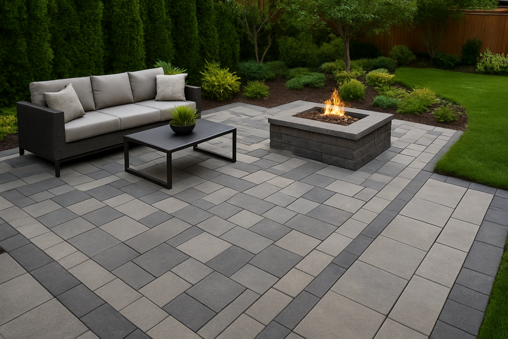 Modern patio with gray pavers, cozy fire pit, and outdoor seating surrounded by lush greenery and clean landscape design