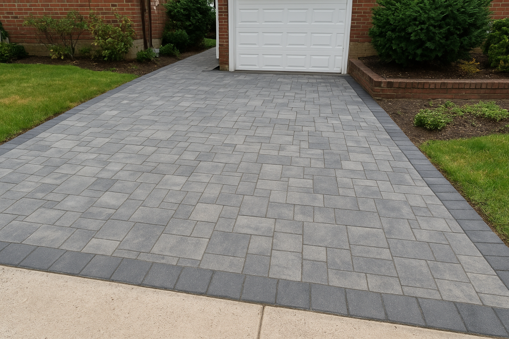 Newly installed brick driveway in Queens, NY with professional paving work and clean modern design