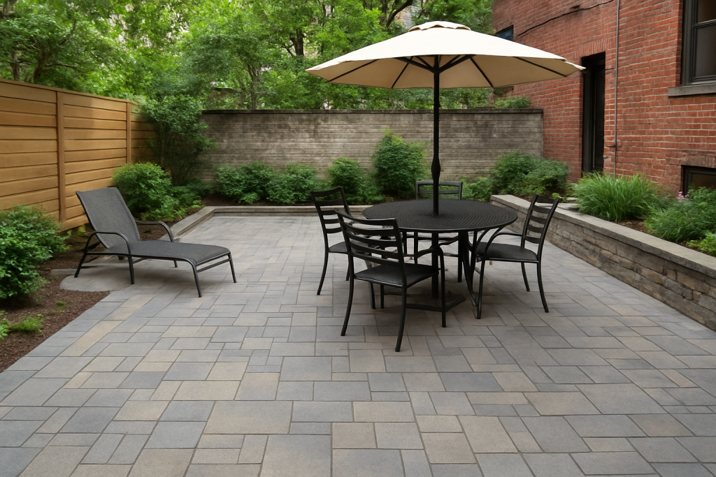 Modern NYC backyard patio with stone pavers, outdoor seating, and clean design showing professional paving work