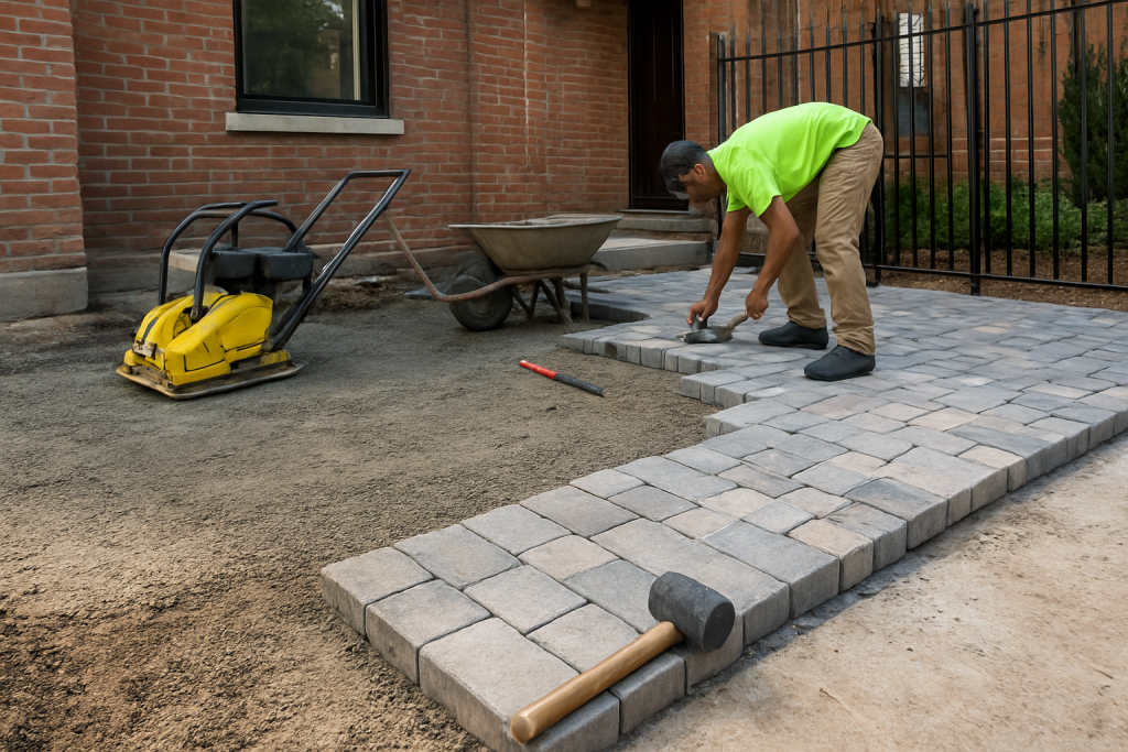 Professional workers installing pavers in a Brooklyn backyard driveway with compacted stone base and neat alignment