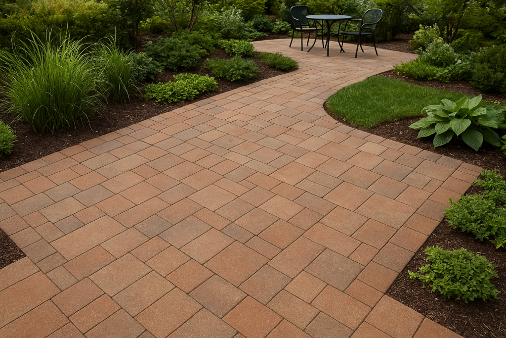 Permeable stone pavers in a sustainable modern backyard landscape