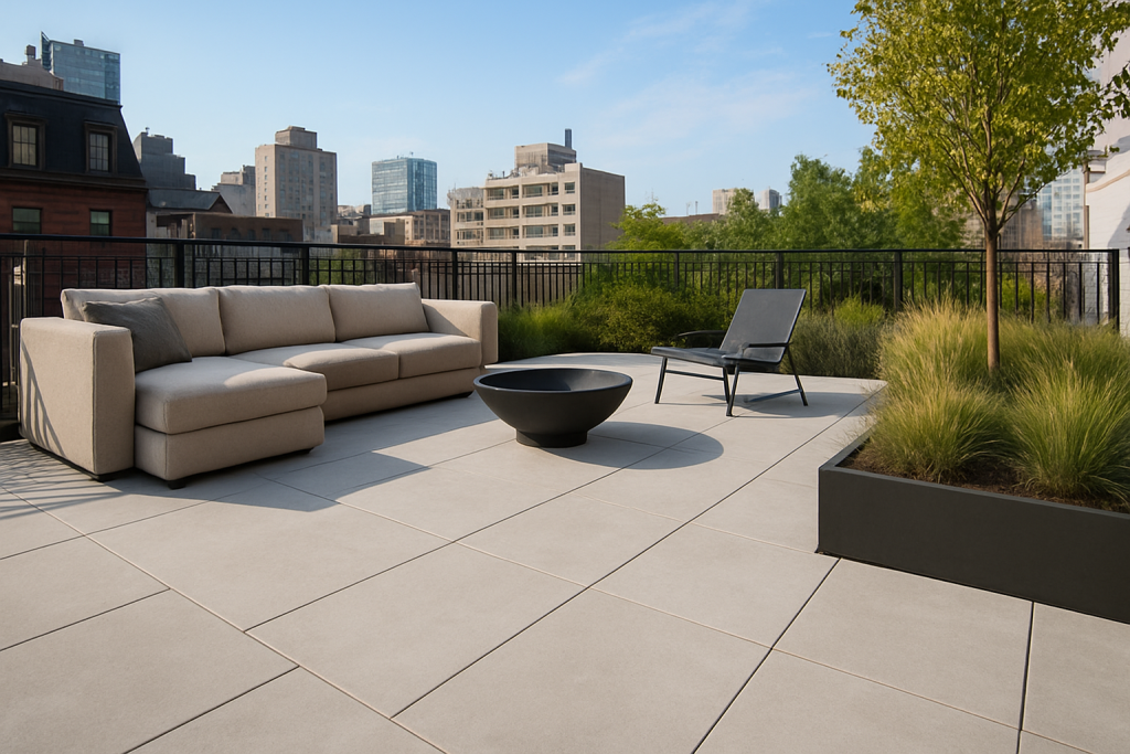 Modern outdoor patio with large-format stone pavers