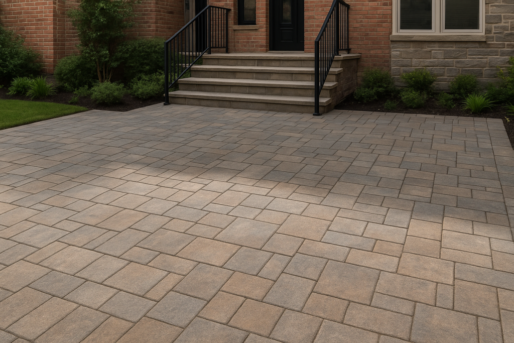 Modern home exterior with paver driveway and patio enhancing curb appeal
