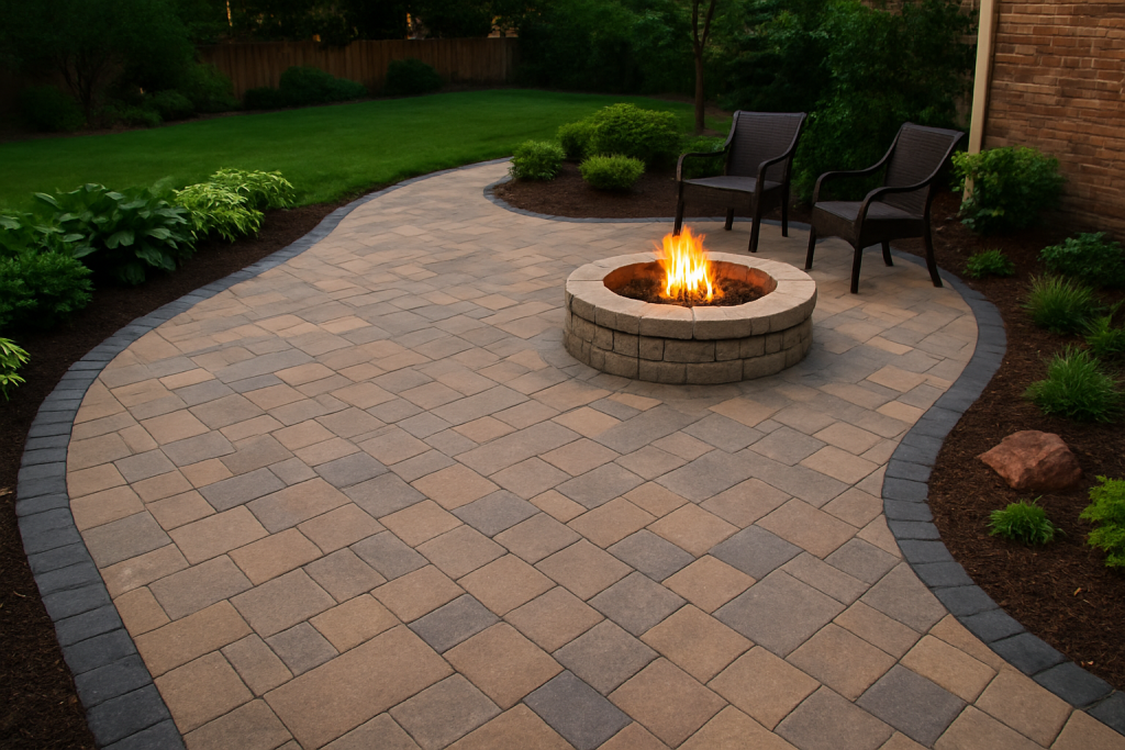 Modern patio with clean pavers, edging, and greenery creating a refreshed outdoor space