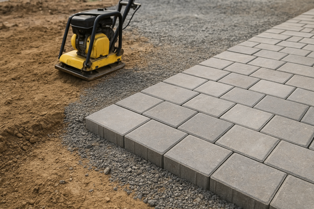 Paver base preparation with compacted gravel and sand layers