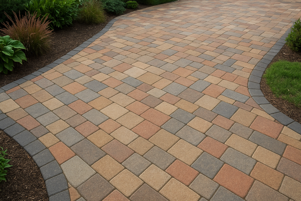 Colorful paver patio with mixed tones and patterns creating a stylish outdoor design