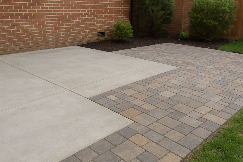 Side-by-side view of a modern concrete patio and colorful stone paver surface in an NYC backyard