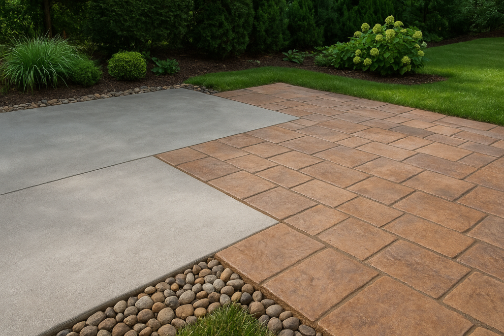 Concrete patio with modern and textured finishes, showcasing various surface styles for outdoor design inspiration