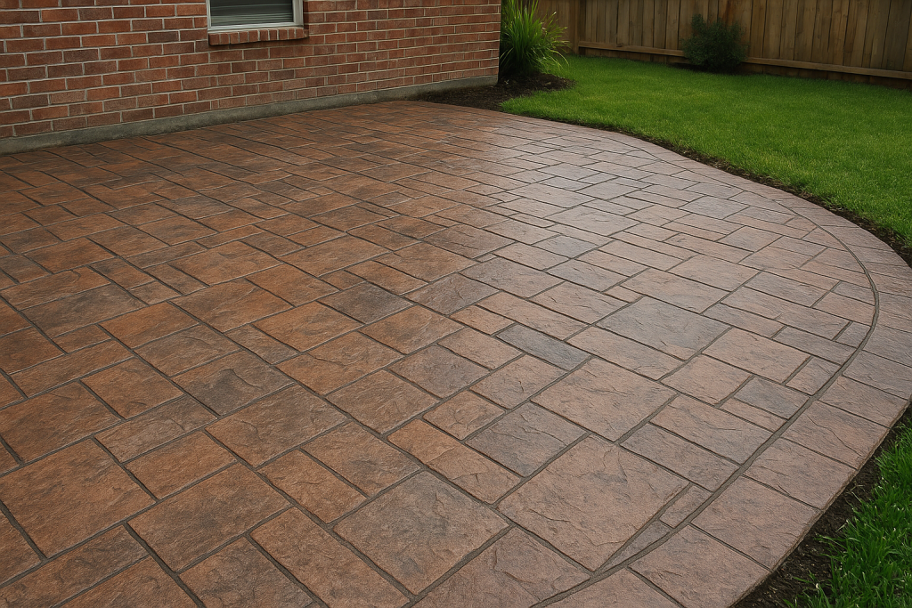 Stamped concrete patio with natural stone texture in a sunny backyard