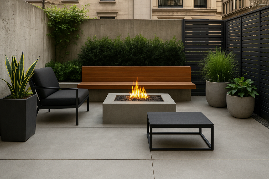 Modern concrete patio with sleek design and greenery in an urban outdoor space