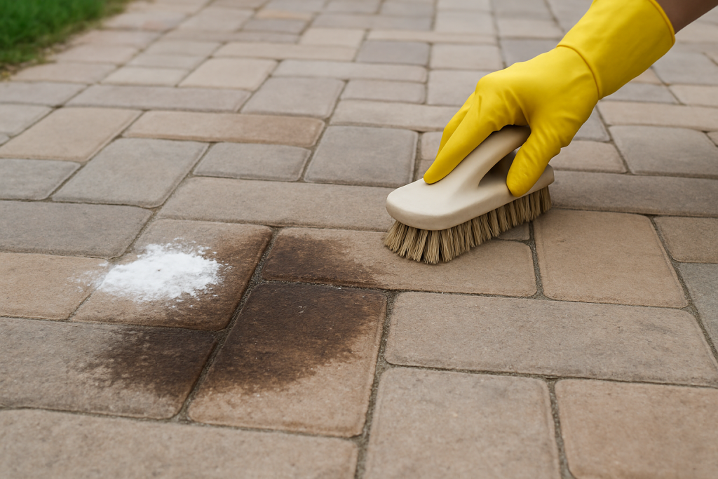 Paver cleaning with brush and water.
