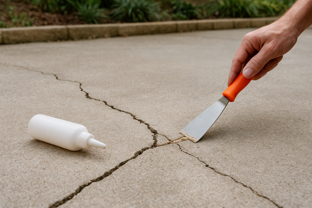 Worker repairing cracks in a concrete patio before winter