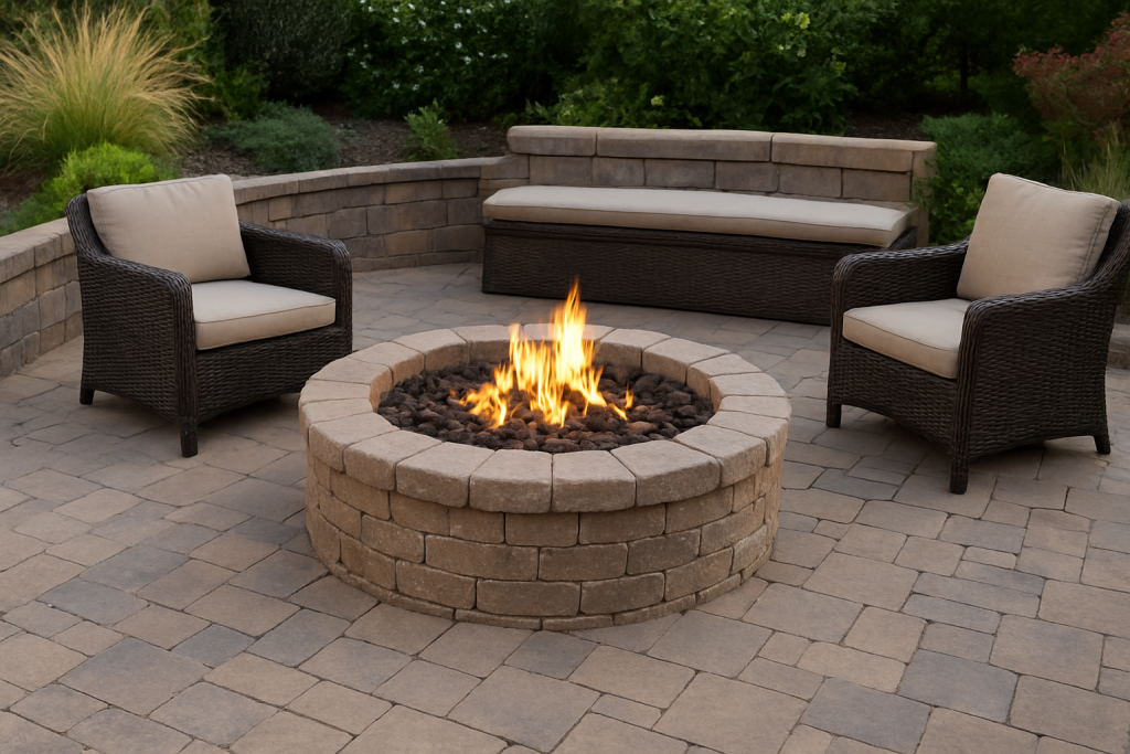 Paver fire pit in a backyard low maintance patio