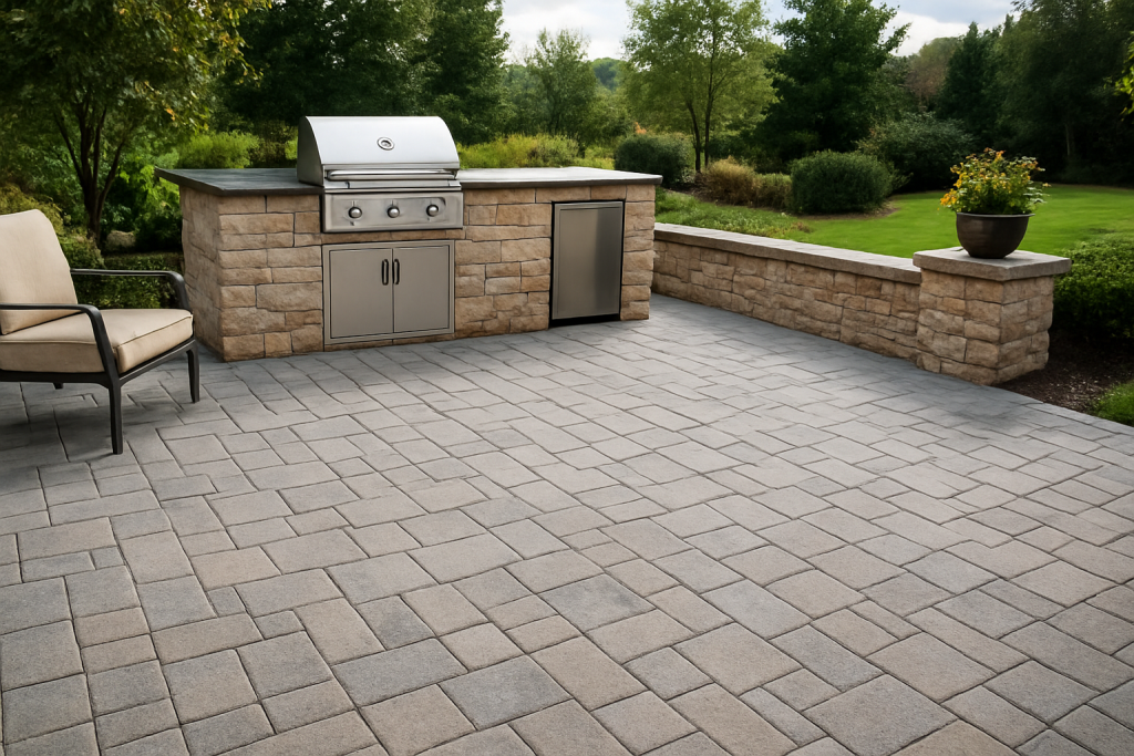 Outdoor kitchen with paver flooring.