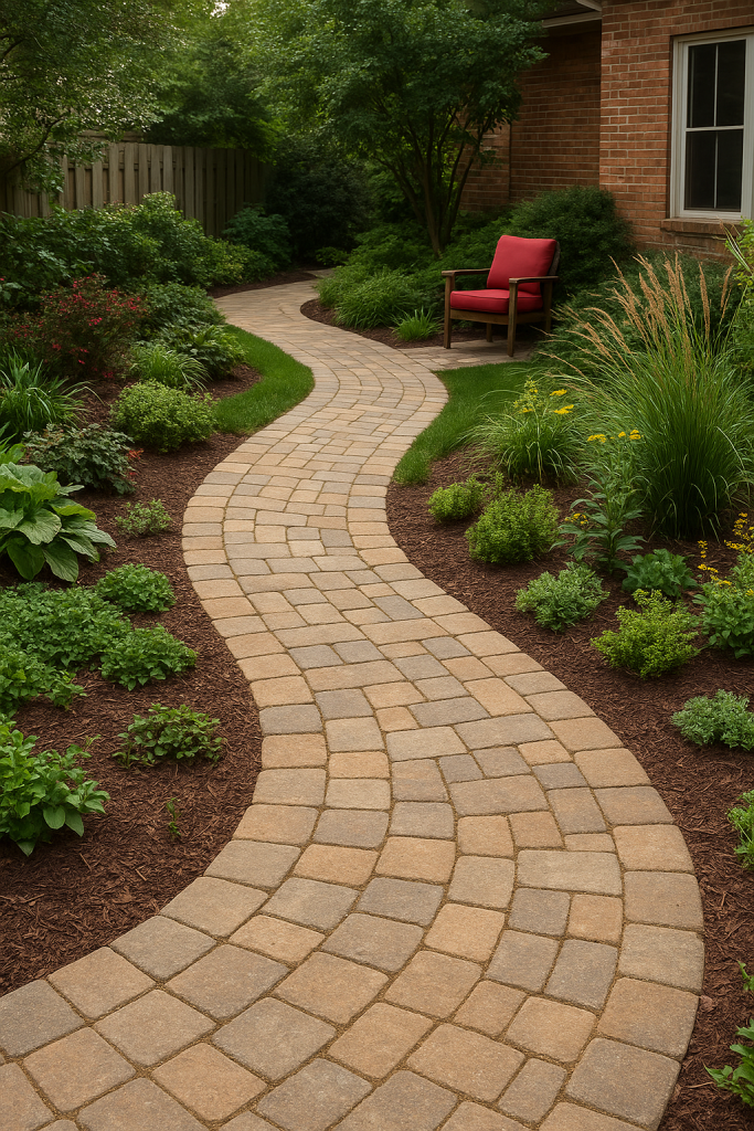Cozy backyard with stone paver paths, lush plants, and warm outdoor lighting