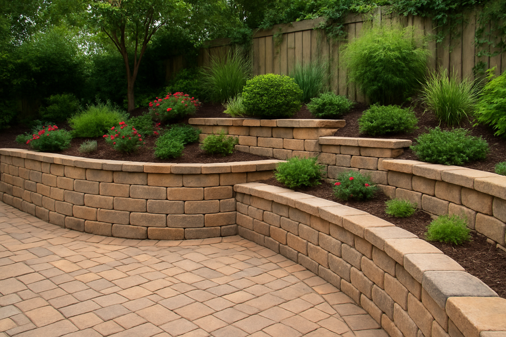 Backyard with modern paver retaining walls and lush garden landscaping