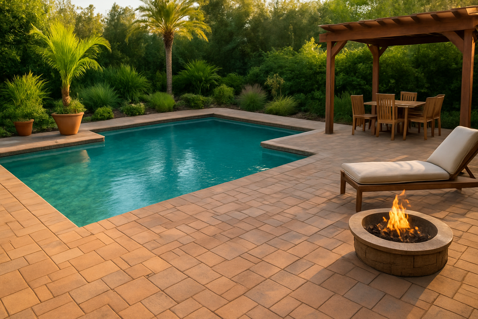 Warm poolside area with natural stone pavers, wooden furniture, and soft lighting creating a cozy backyard retreat