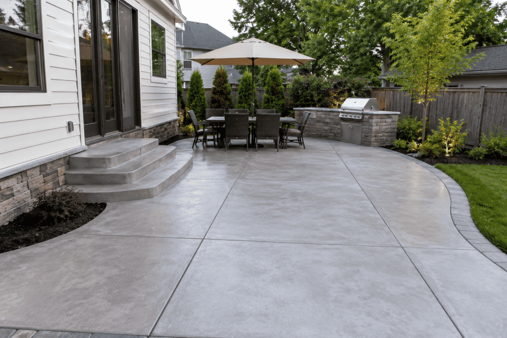 Concrete patio contractors in Queens and Brooklyn installing a modern backyard patio with smooth finish, clean edges, and a functional outdoor layout for city homes