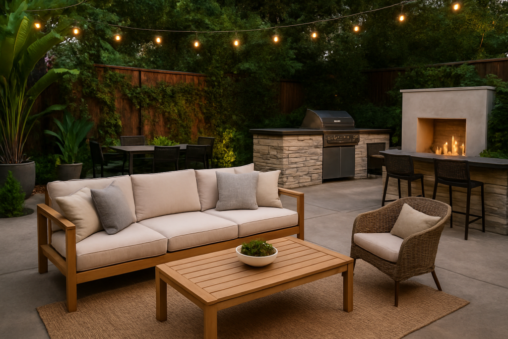 Luxury concrete patio with modern furniture, soft lighting, and lush greenery
