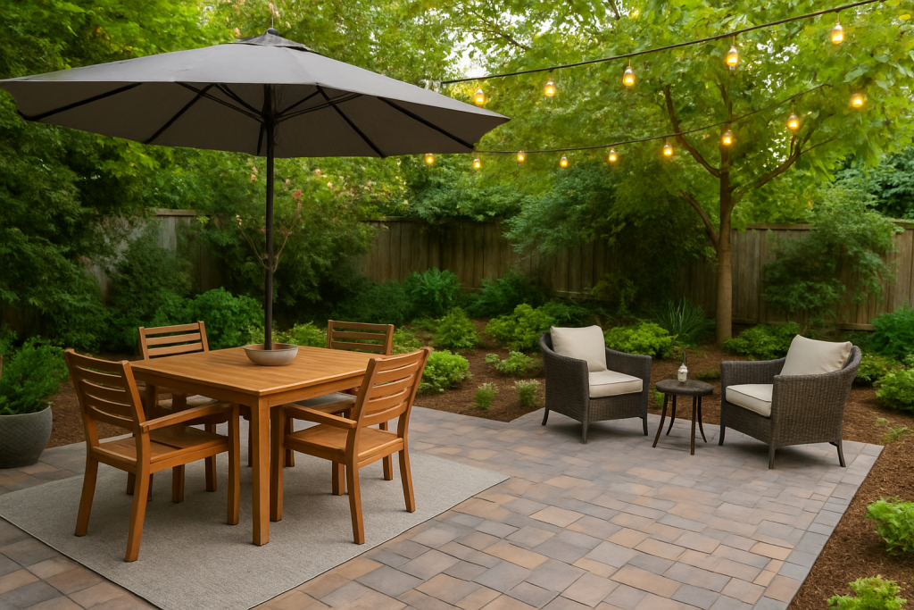 Budget-friendly upgraded patio with pavers, plants, and simple seating