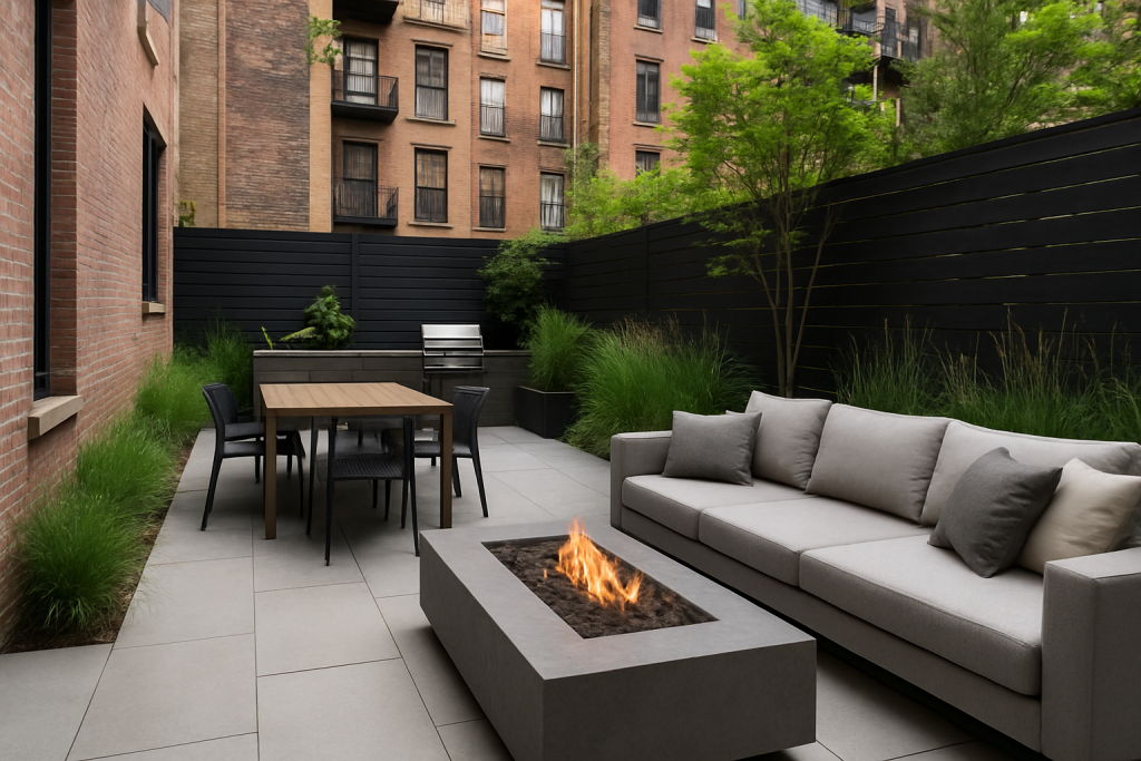 Modern NYC brownstone patio with sleek pavers and contemporary outdoor seating