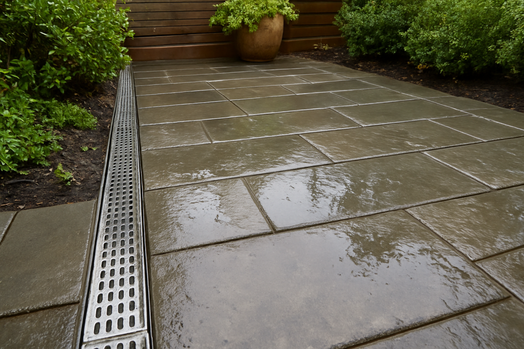 Professional NYC patio showing effective patio drainage solutions with clean pavers and controlled water flow