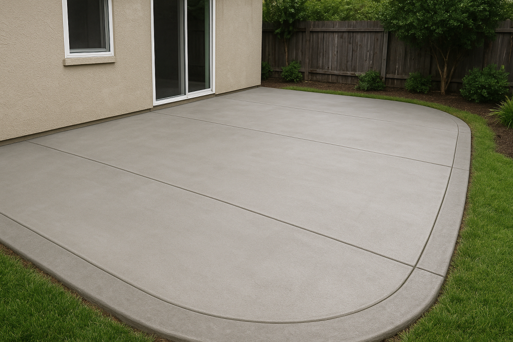 A newly built concrete patio with clean control joints, smooth gray finish, and a curved border beside a home and landscaped backyard