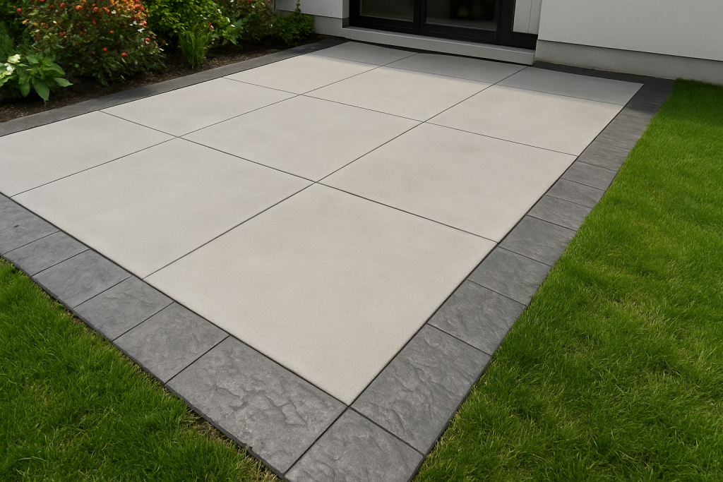 Modern backyard with clean concrete patio borders enhancing the edge design and landscaping