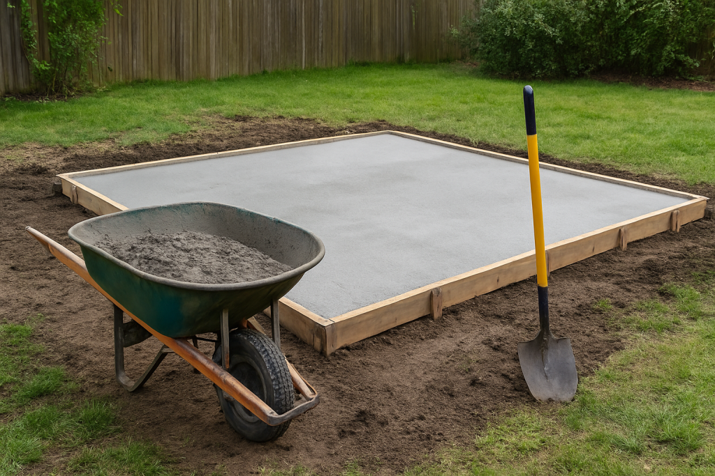 A freshly built concrete patio surrounded by tools and forms during a professional installation process