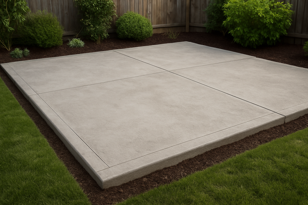 Newly built concrete patio in a backyard, showing clean lines and fresh landscaping