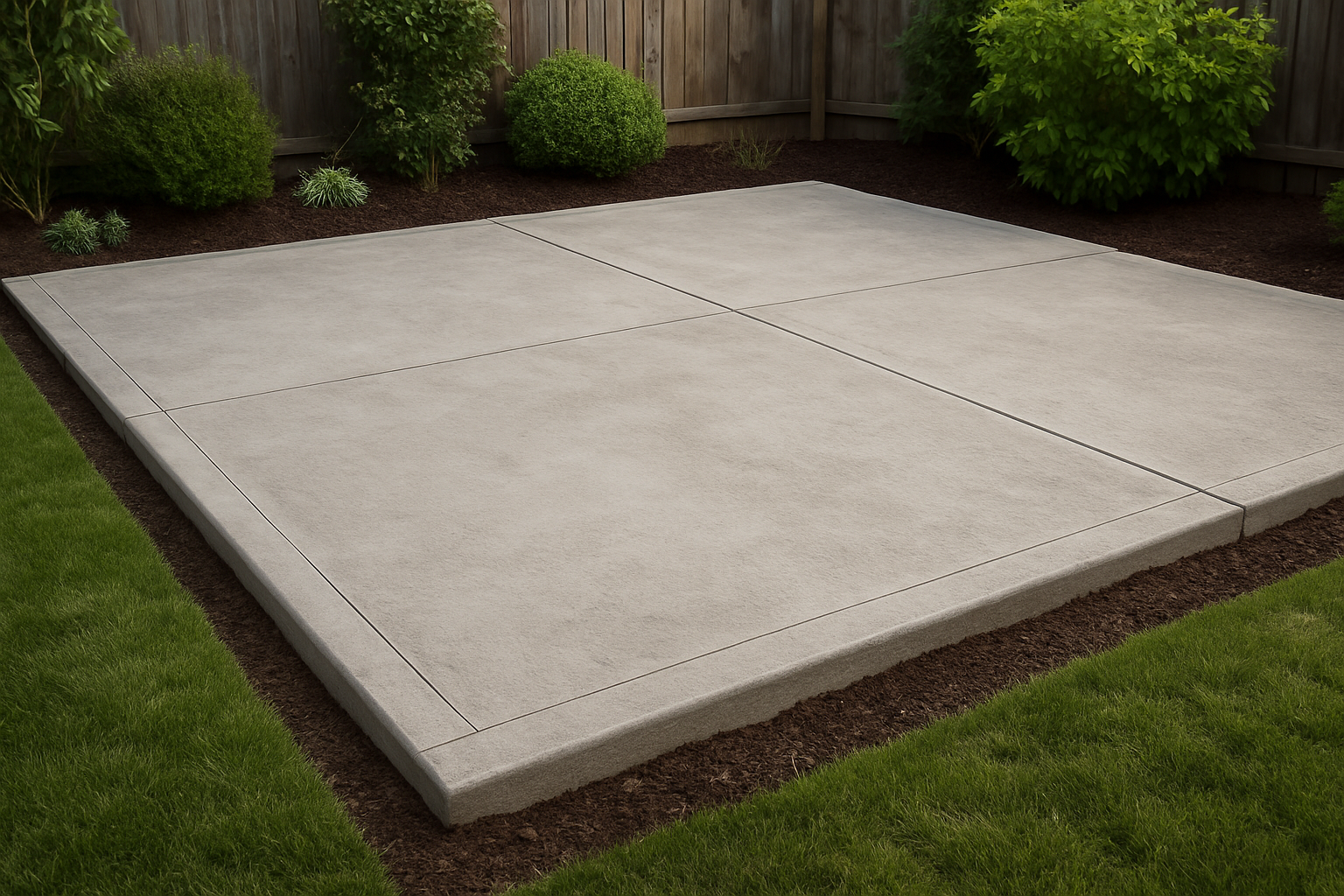 Newly built concrete patio in a backyard, showing clean lines and fresh landscaping