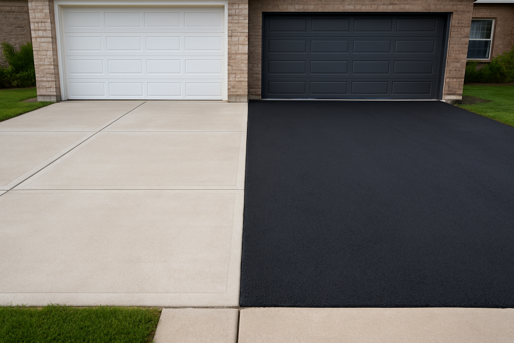 Concrete driveway beside asphalt driveway for comparison