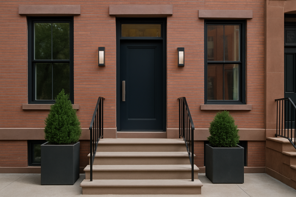 Modern brownstone front stoop with updated door, clean railings, and sleek urban curb appeal