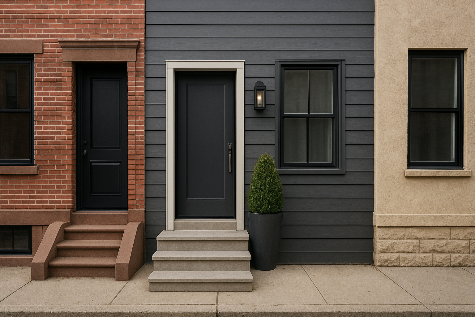 NYC townhomes with brick, fiber cement siding, and stucco exteriors.