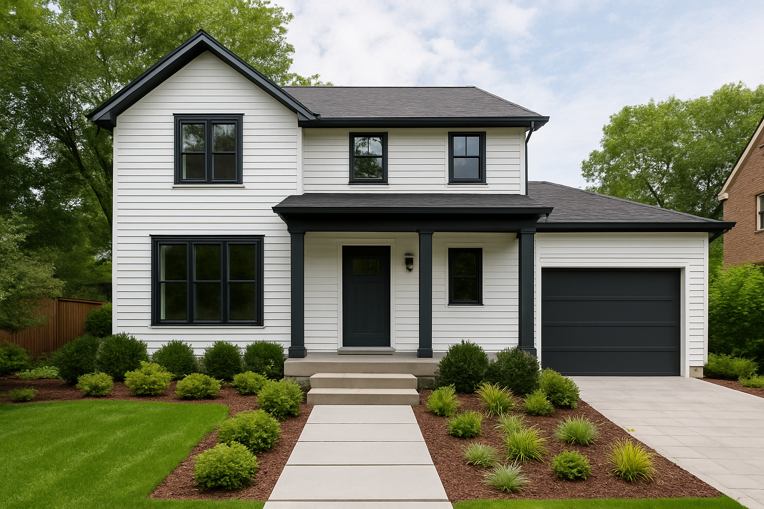 Smart exterior upgrades transforming an older home with modern paint, black windows, clean landscaping, and a sleek concrete walkway