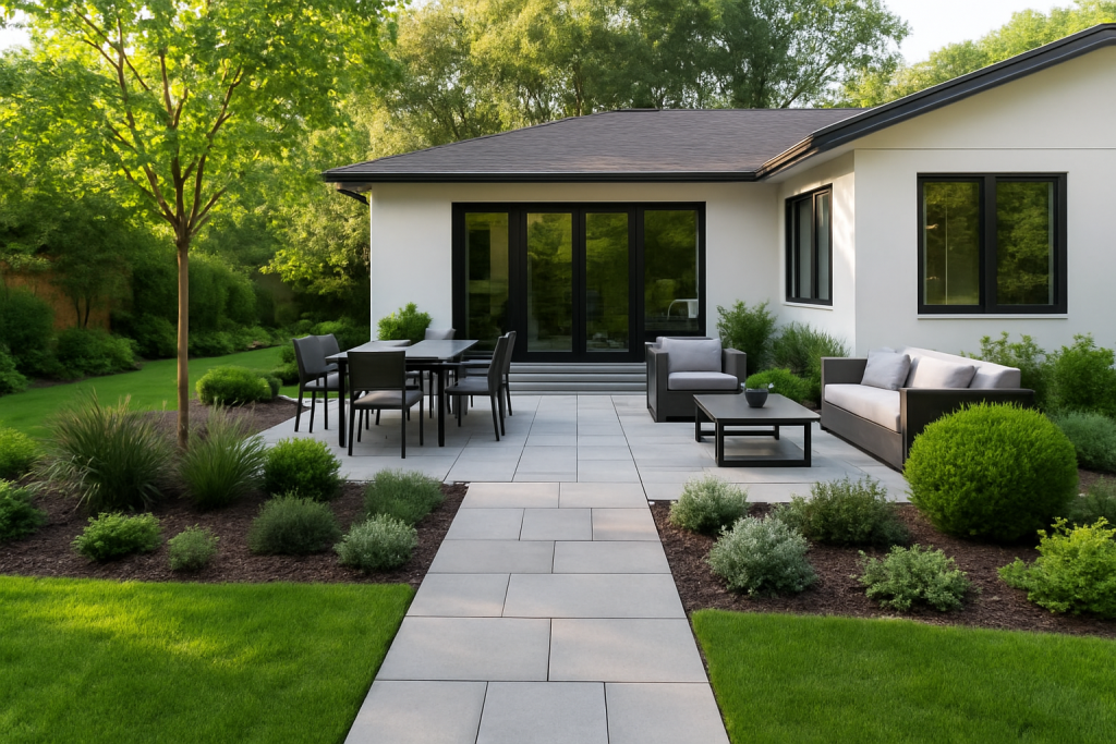 Modern patio and walkway creating a balanced outdoor design around contemporary home architecture