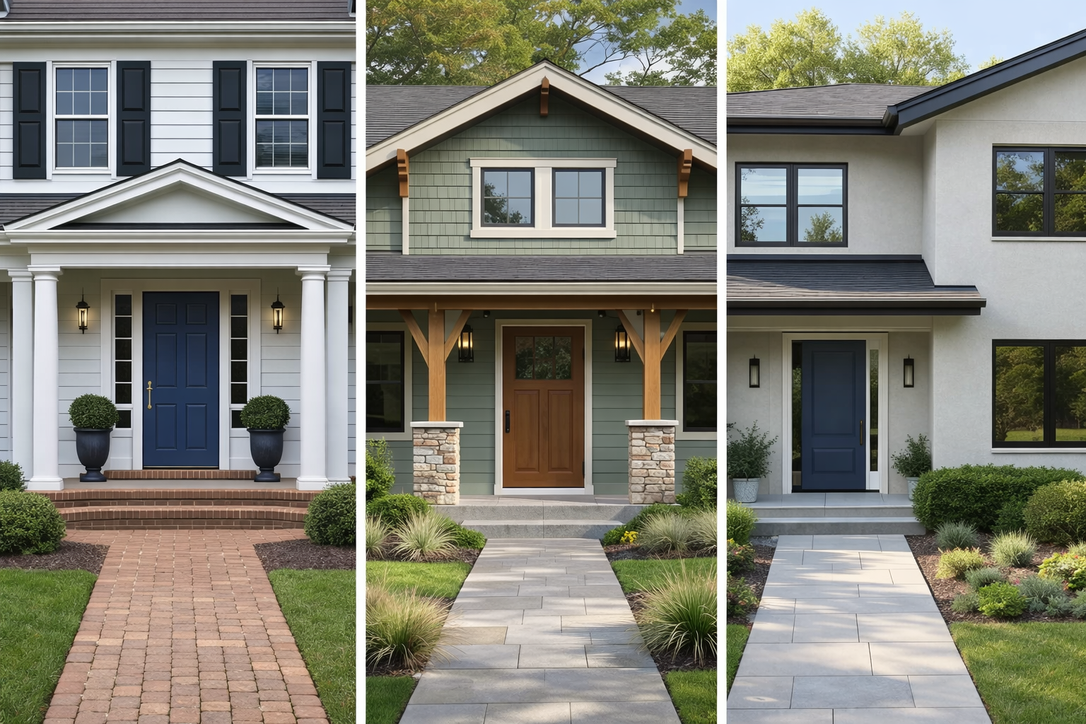 Three homes showcasing exterior color palettes matched to traditional, craftsman, and modern architectural styles