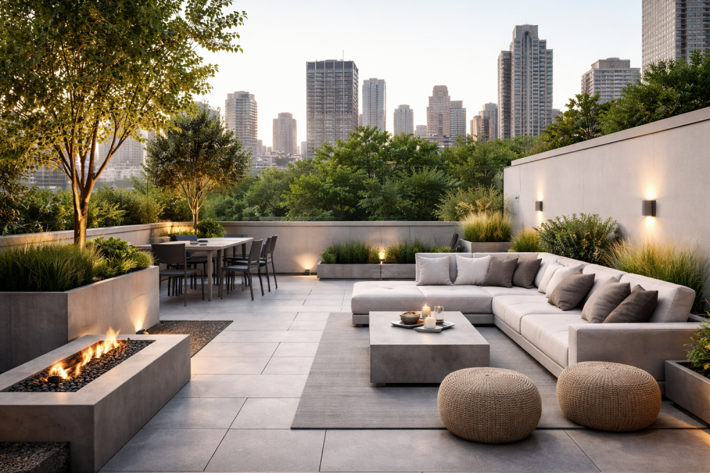 Minimalist outdoor design ideas for a modern city rooftop featuring clean pavers, neutral furniture, soft lighting, and low-maintenance greenery