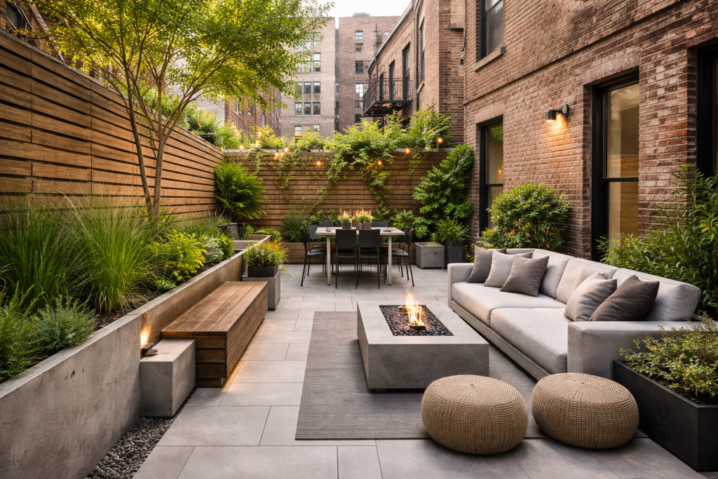 Compact NYC backyard featuring a well-planned patio with clean-lined pavers, built-in seating, greenery, and smart layout ideas for small city lots
