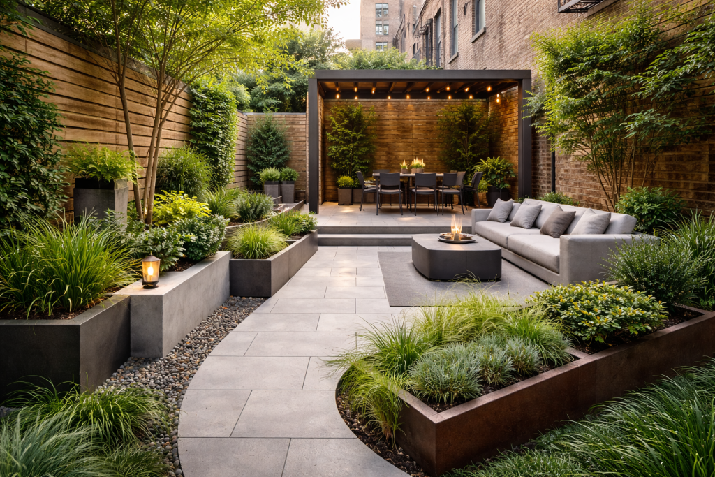 Architectural small garden design with stone paths and vertical greenery