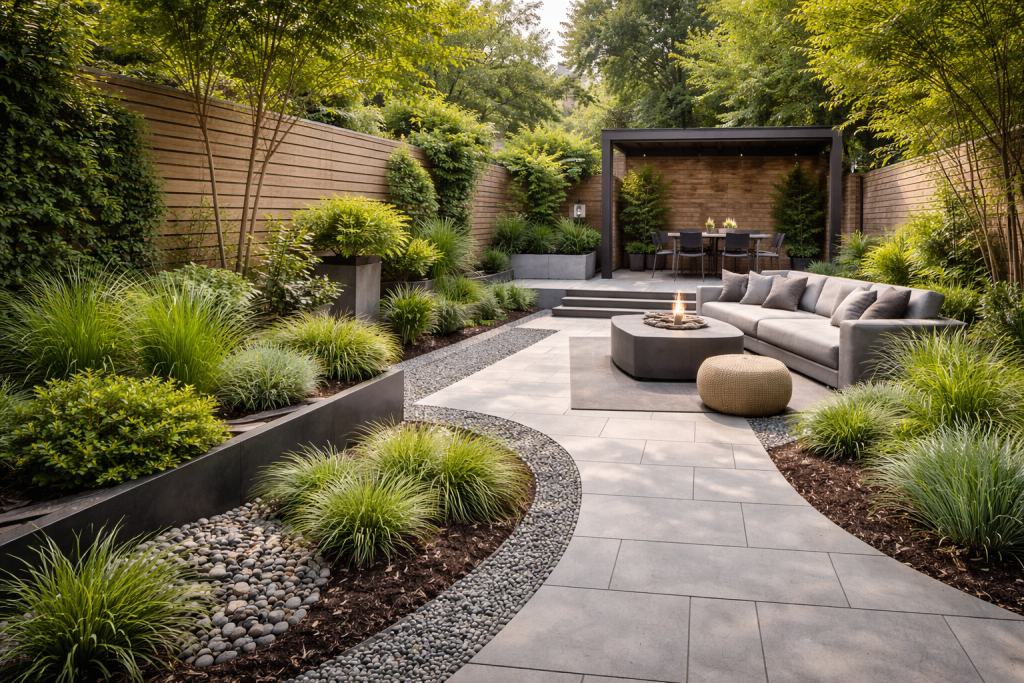 Low-maintenance modern backyard with patio, fire pit, and greenery